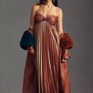 Anthropologie Plisse Halter Dress Crimson Maxi Gown Metallic Disco